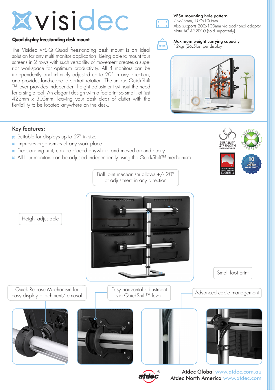 Atdec Visidec VFS-Q Freestanding Mount for Four Monitors (Silver) User Manual | 2 pages