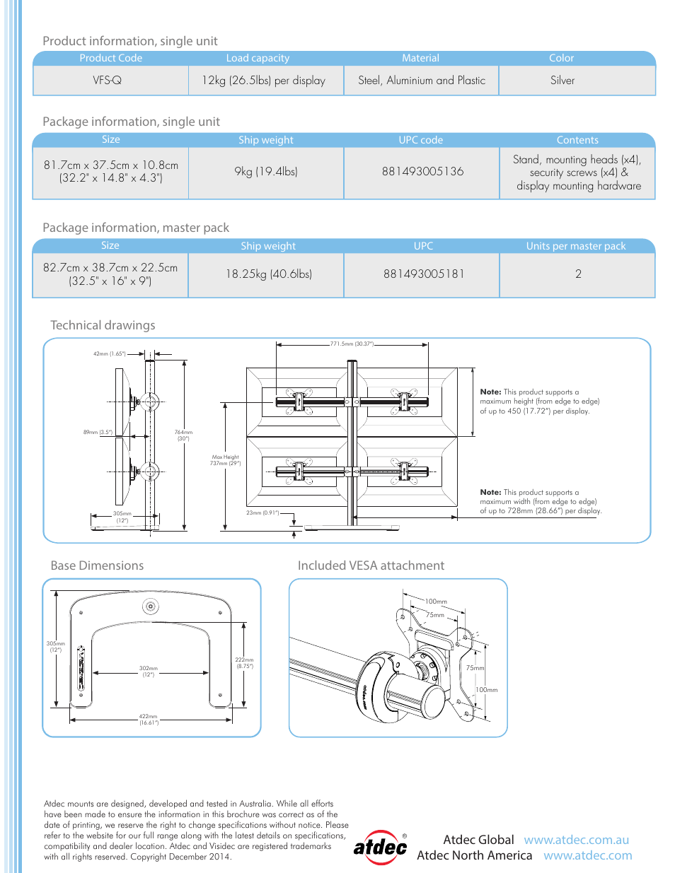 Visidec vfs-q product brochure_v2_2, Base dimensions included vesa attachment | Atdec Visidec VFS-Q Freestanding Mount for Four Monitors (Silver) User Manual | Page 2 / 2