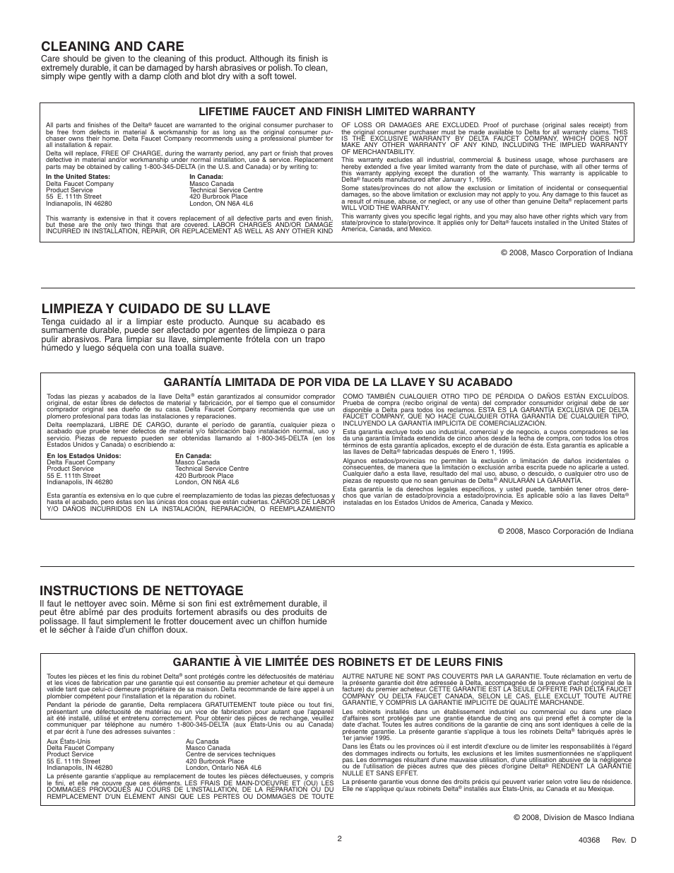 Cleaning and care, Instructions de nettoyage, Limpieza y cuidado de su llave | Lifetime faucet and finish limited warranty | Delta 488 Series User Manual | Page 2 / 8