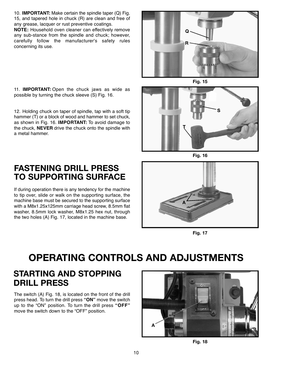 Operating controls and adjustments, Fastening drill press to supporting surface, Starting and stopping drill press | Delta ShopMaster 638517-00 User Manual | Page 10 / 51