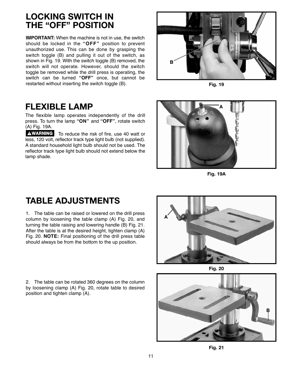 Locking switch in the “off” position, Table adjustments, Flexible lamp | Delta ShopMaster 638517-00 User Manual | Page 11 / 51