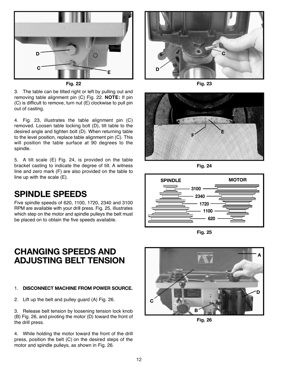 Spindle speeds, Changing speeds and adjusting belt tension | Delta ShopMaster 638517-00 User Manual | Page 12 / 51