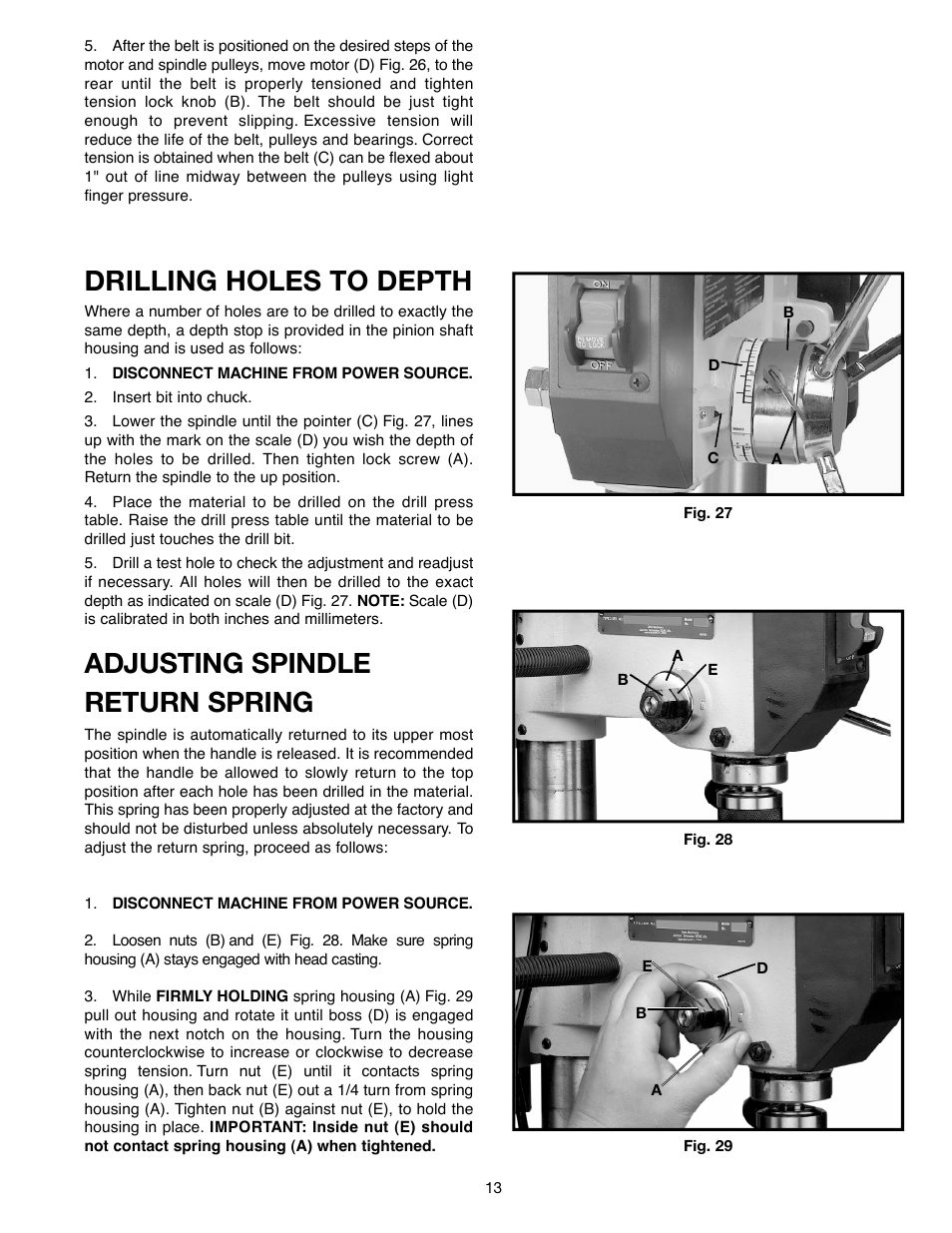 Drilling holes to depth, Adjusting spindle return spring | Delta ShopMaster 638517-00 User Manual | Page 13 / 51