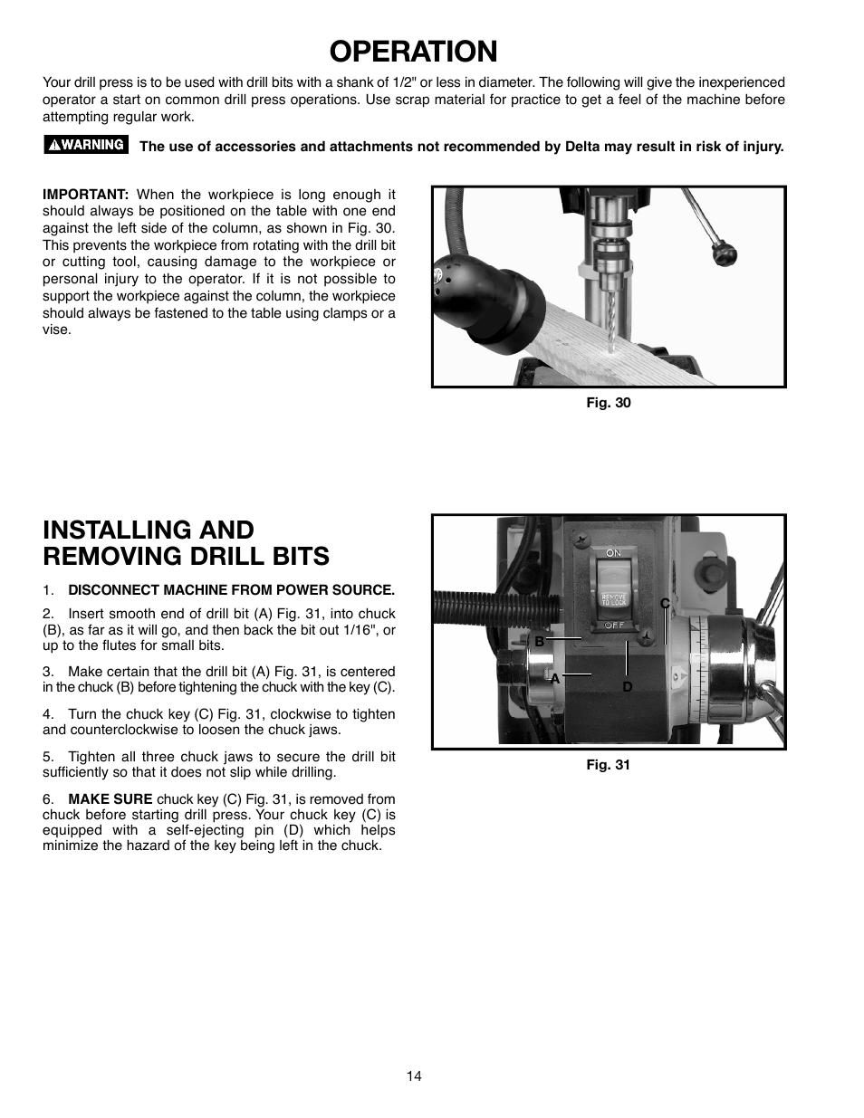 Installing and removing drill bits | Delta ShopMaster 638517-00 User Manual | Page 14 / 51