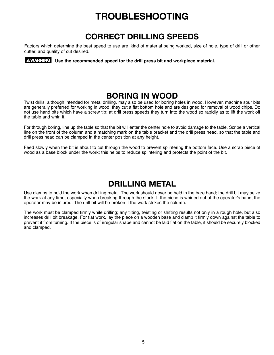 Correct drilling speeds, Boring in wood, Drilling metal | Delta ShopMaster 638517-00 User Manual | Page 15 / 51