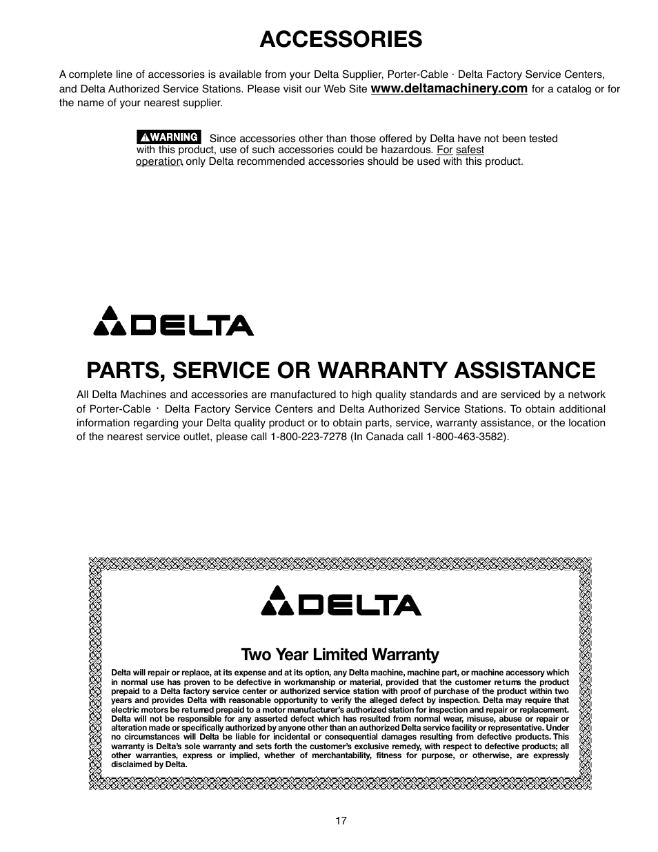 Parts, service or warranty assistance, Accessories | Delta ShopMaster 638517-00 User Manual | Page 17 / 51