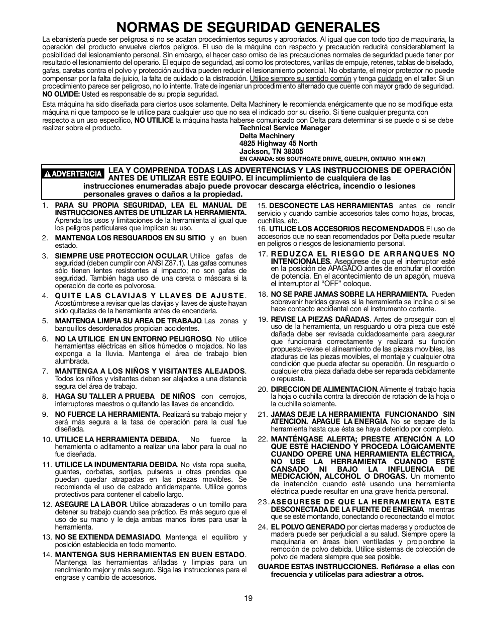 Normas de seguridad generales | Delta ShopMaster 638517-00 User Manual | Page 19 / 51