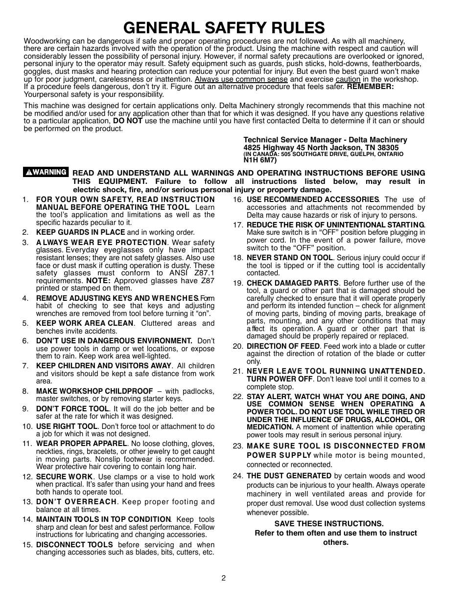 General safety rules | Delta ShopMaster 638517-00 User Manual | Page 2 / 51