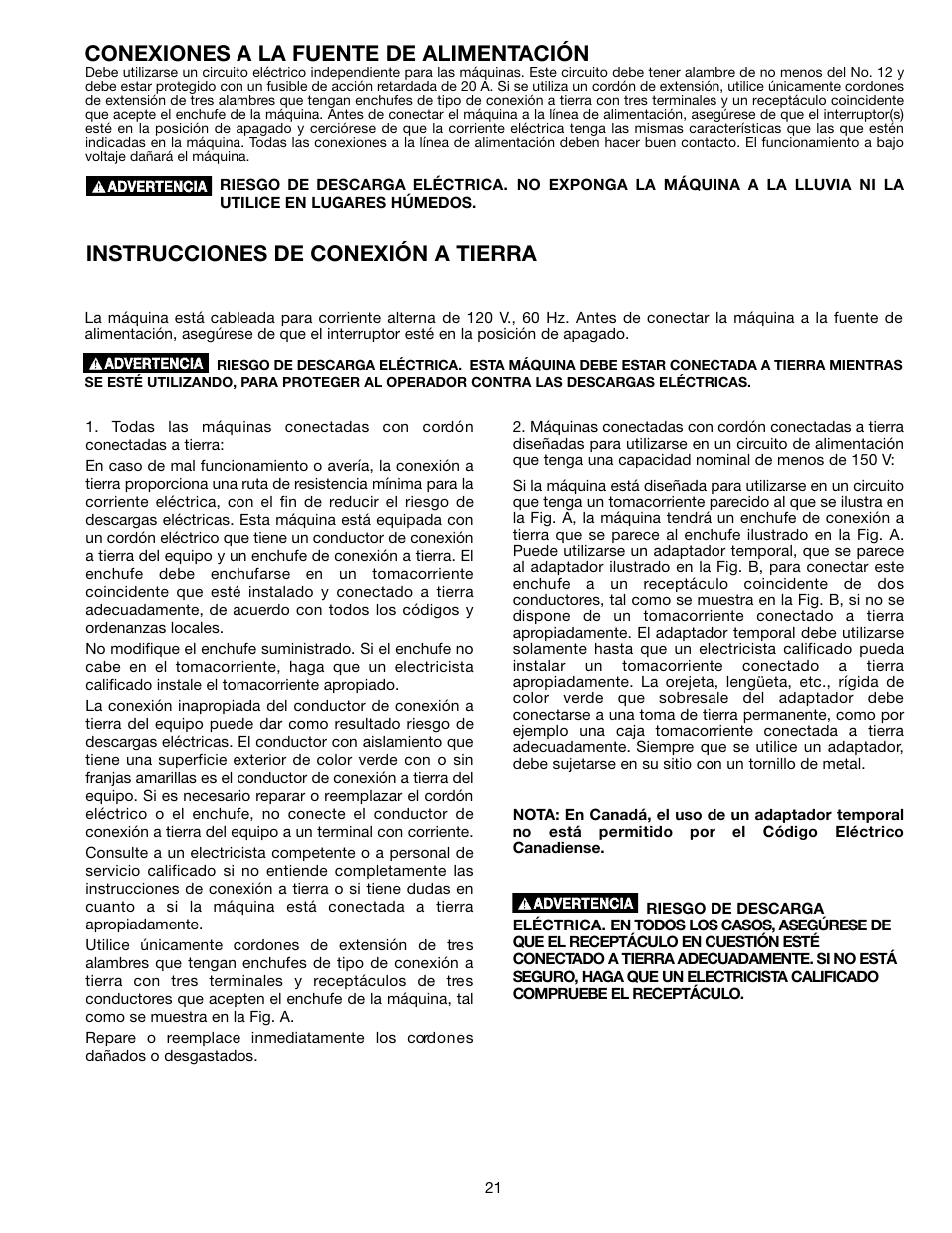 Conexiones a la fuente de alimentación, Instrucciones de conexión a tierra | Delta ShopMaster 638517-00 User Manual | Page 21 / 51