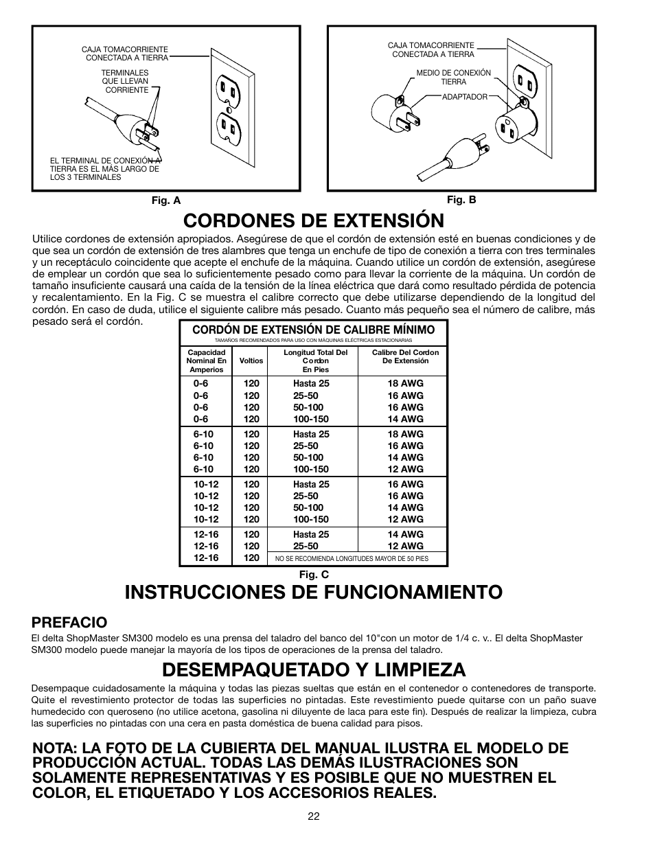 Cordones de extensión, Instrucciones de funcionamiento, Desempaquetado y limpieza | Prefacio | Delta ShopMaster 638517-00 User Manual | Page 22 / 51