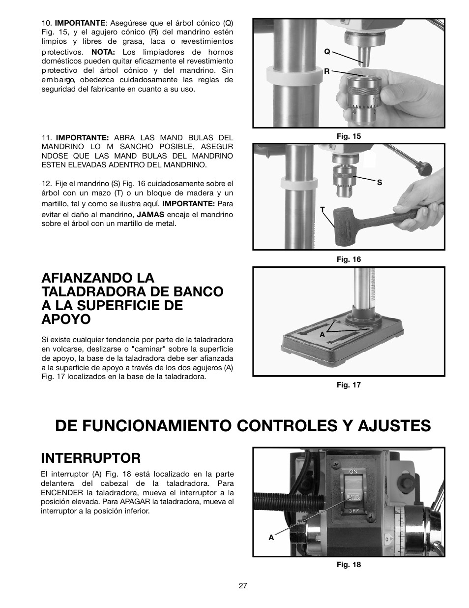 De funcionamiento controles y ajustes, Interruptor | Delta ShopMaster 638517-00 User Manual | Page 27 / 51