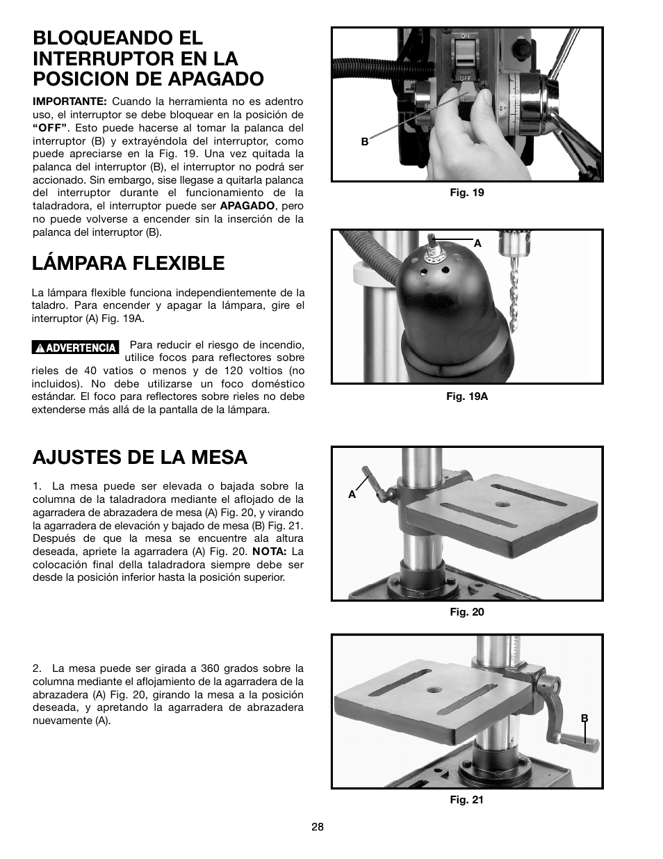 Ajustes de la mesa, Lámpara flexible | Delta ShopMaster 638517-00 User Manual | Page 28 / 51