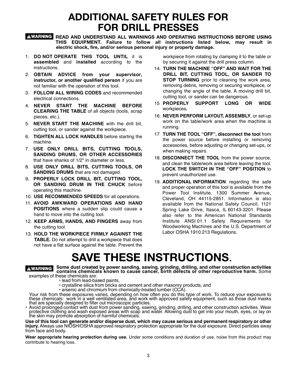 Save these instructions, Additional safety rules for for drill presses | Delta ShopMaster 638517-00 User Manual | Page 3 / 51