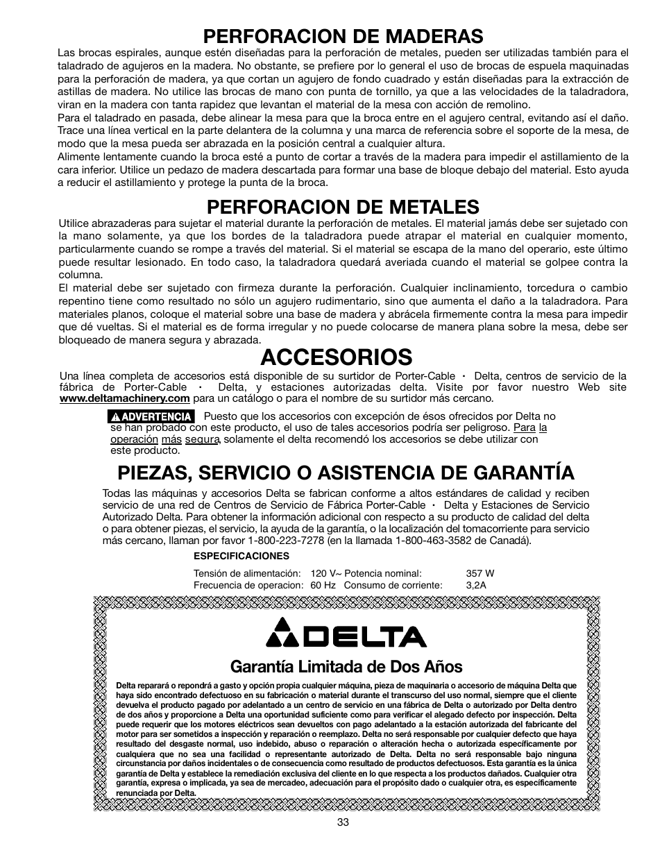 Accesorios, Perforacion de maderas, Perforacion de metales | Piezas, servicio o asistencia de garantía, Garantía limitada de dos años | Delta ShopMaster 638517-00 User Manual | Page 33 / 51