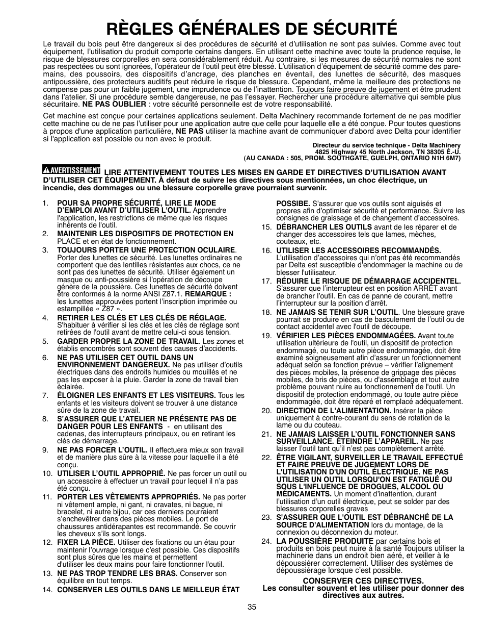 Règles générales de sécurité | Delta ShopMaster 638517-00 User Manual | Page 35 / 51