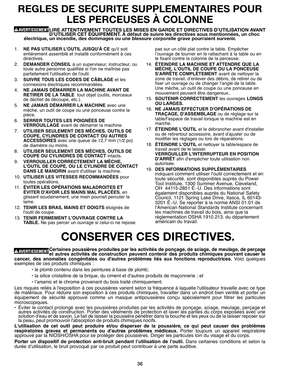 Conserver ces directives | Delta ShopMaster 638517-00 User Manual | Page 36 / 51