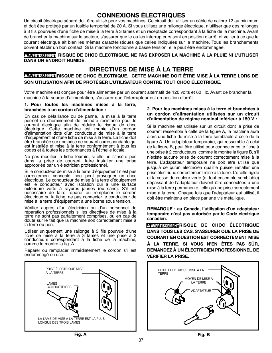 Connexions électriques, Directives de mise à la terre | Delta ShopMaster 638517-00 User Manual | Page 37 / 51