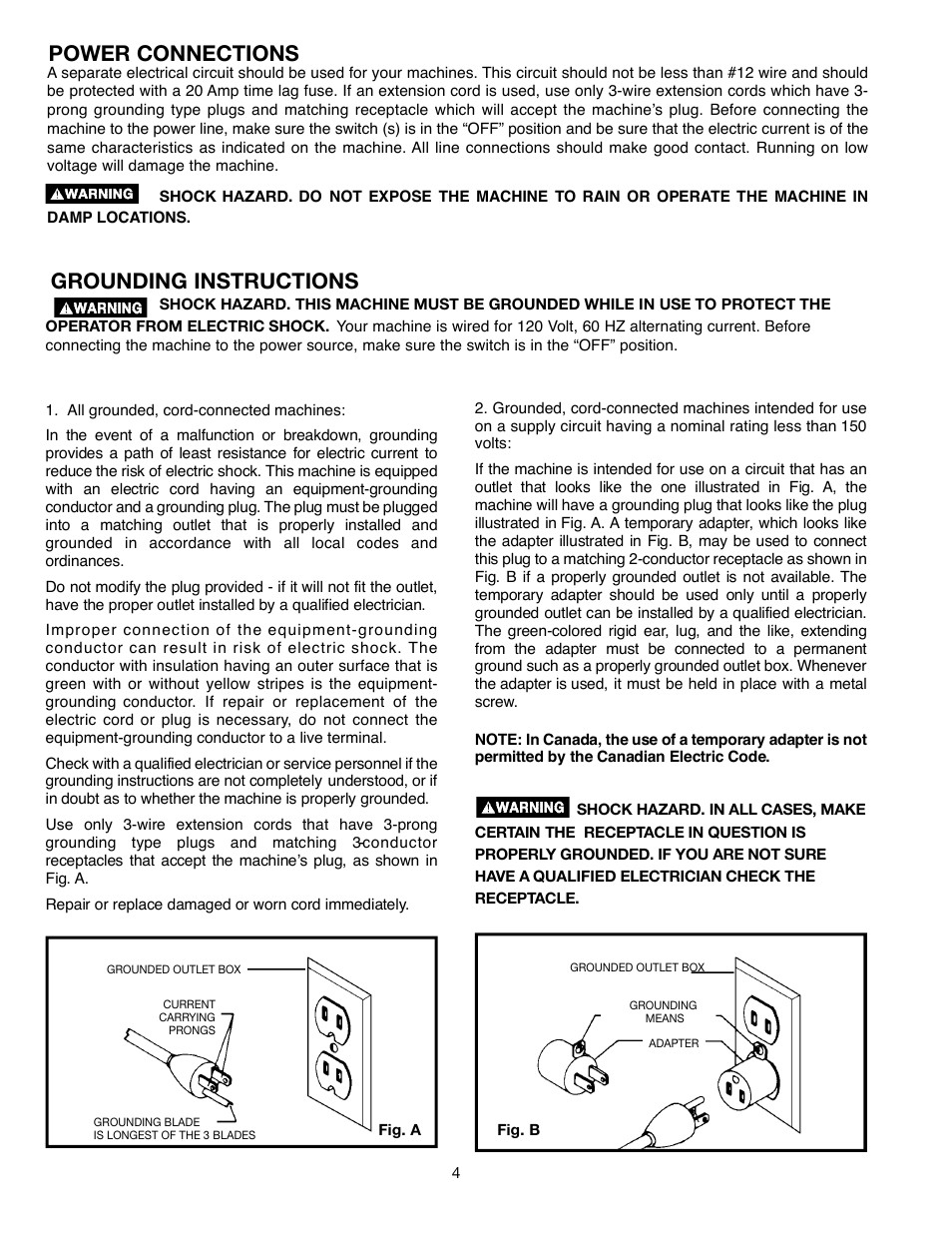 Power connections grounding instructions | Delta ShopMaster 638517-00 User Manual | Page 4 / 51