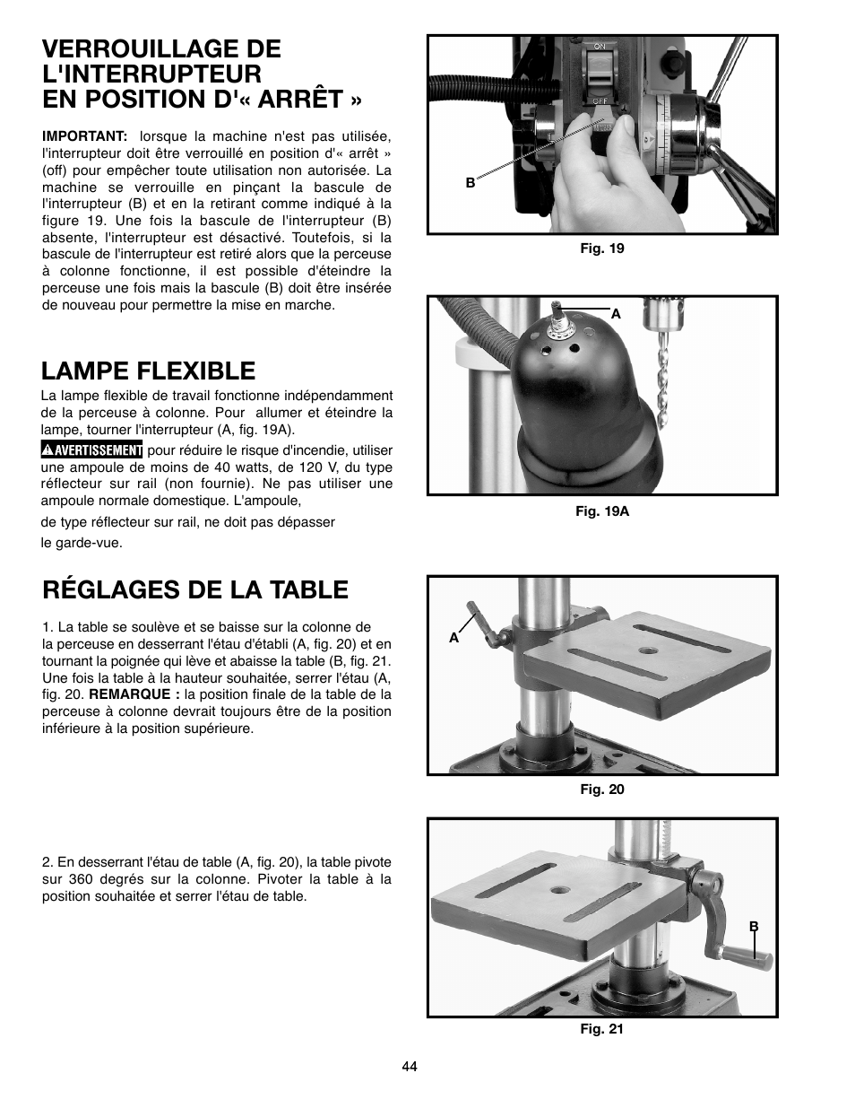 Réglages de la table, Lampe flexible | Delta ShopMaster 638517-00 User Manual | Page 44 / 51