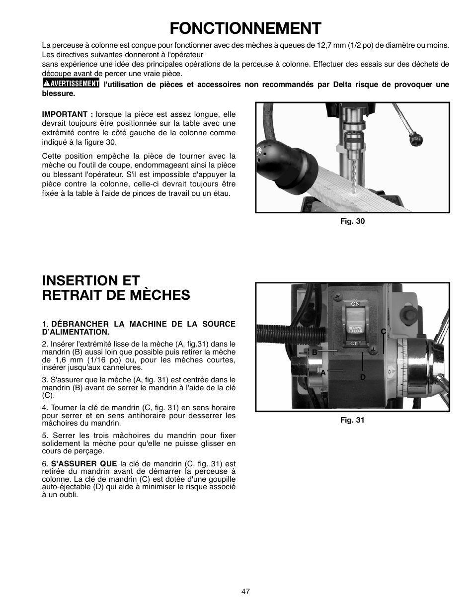 Insertion et retrait de mèches | Delta ShopMaster 638517-00 User Manual | Page 47 / 51