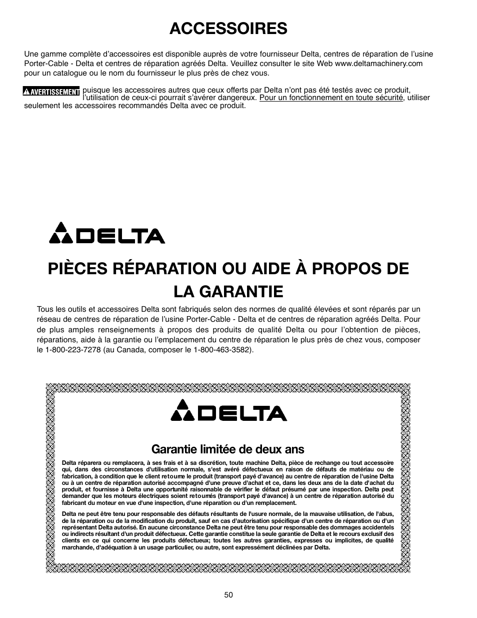 Pièces réparation ou aide à propos de la garantie, Accessoires, Garantie limitée de deux ans | Delta ShopMaster 638517-00 User Manual | Page 50 / 51