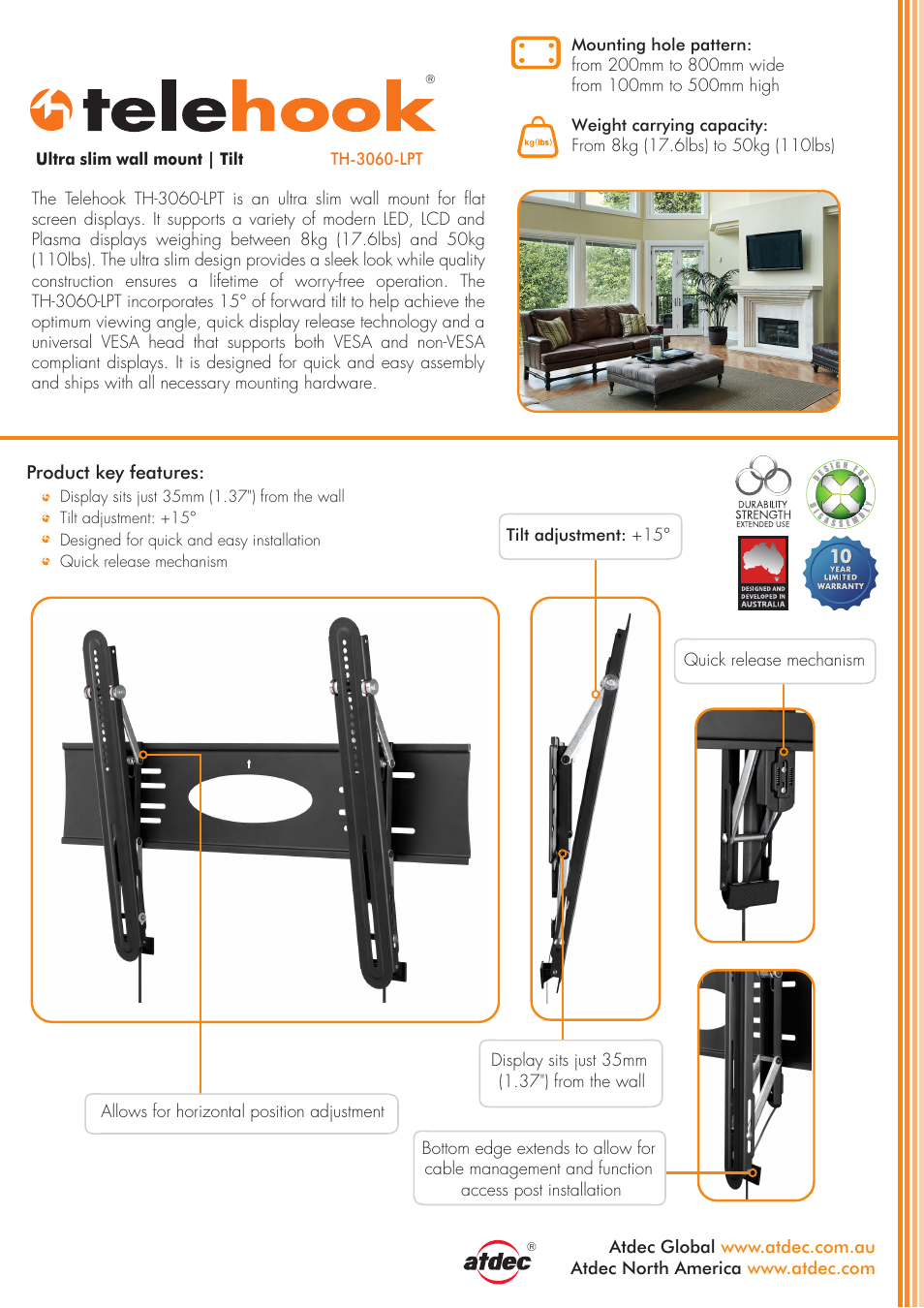 Atdec Telehook TH-3060-LPT Slim Single Display Tilting Wall Mount User Manual | 2 pages