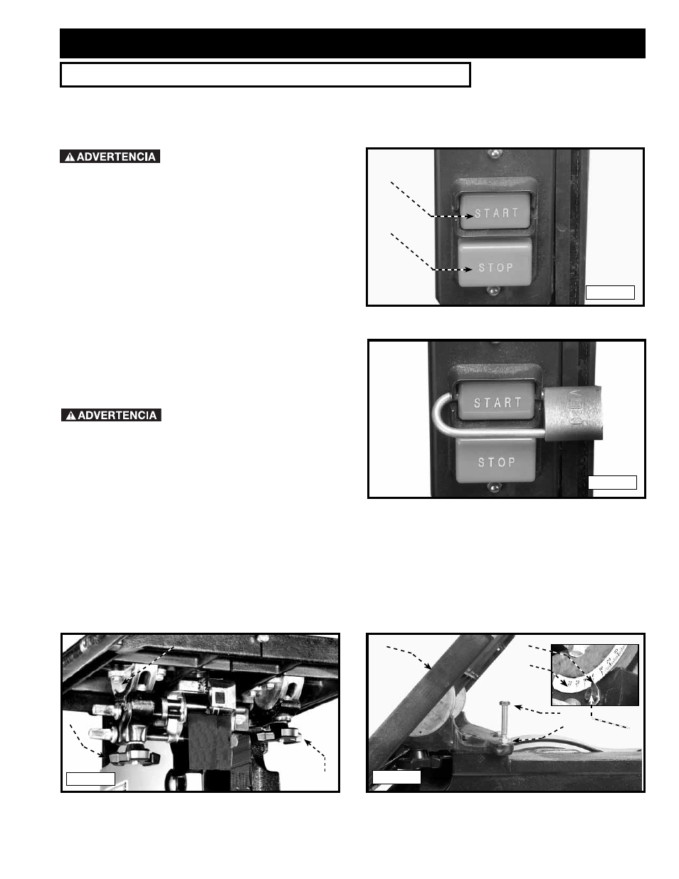 Operación, Controles y ajustes operacionales, Arrancando y deteniendo la sierra | Inclinación de la tabla | Delta 28-276 User Manual | Page 63 / 72