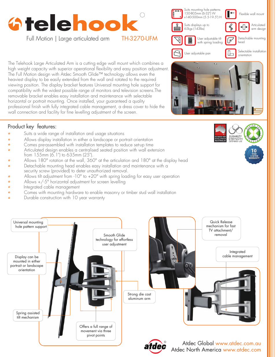 Atdec Telehook TH-3270-UFM Full Motion Flat Screen Wall Mount User Manual | 2 pages