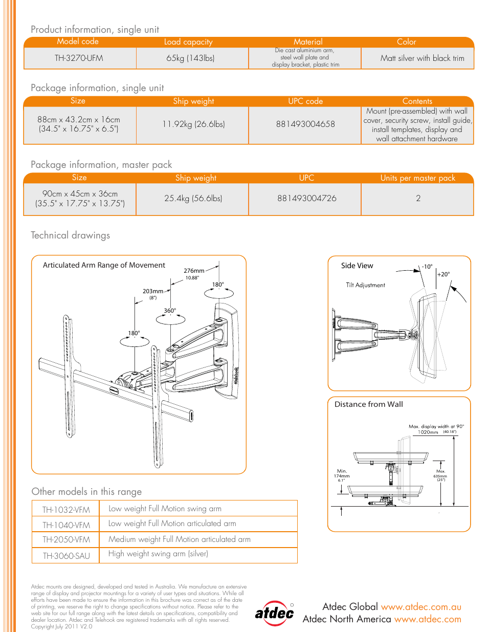 Other models in this range | Atdec Telehook TH-3270-UFM Full Motion Flat Screen Wall Mount User Manual | Page 2 / 2