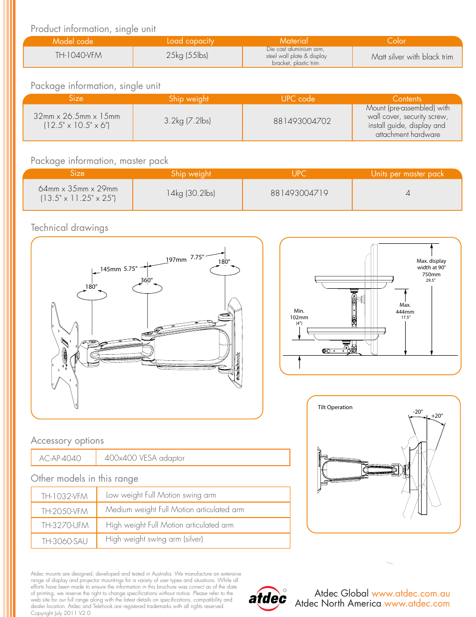 Accessory options, Other models in this range | Atdec TH-1040-VFM Telehook Wall Mount User Manual | Page 2 / 2