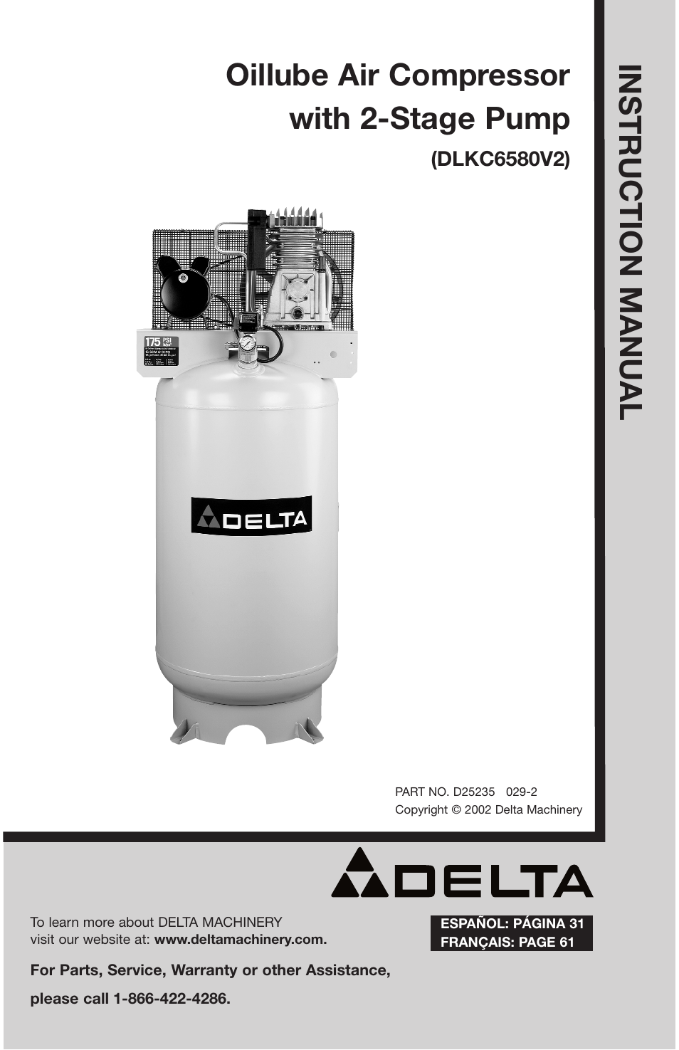 Delta OILLUBE AIR COMPRESSOR DLKC6580V2 User Manual | 30 pages