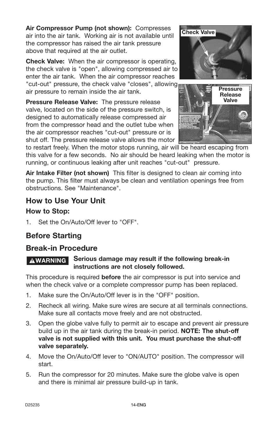 Before starting break-in procedure, How to use your unit | Delta OILLUBE AIR COMPRESSOR DLKC6580V2 User Manual | Page 14 / 30