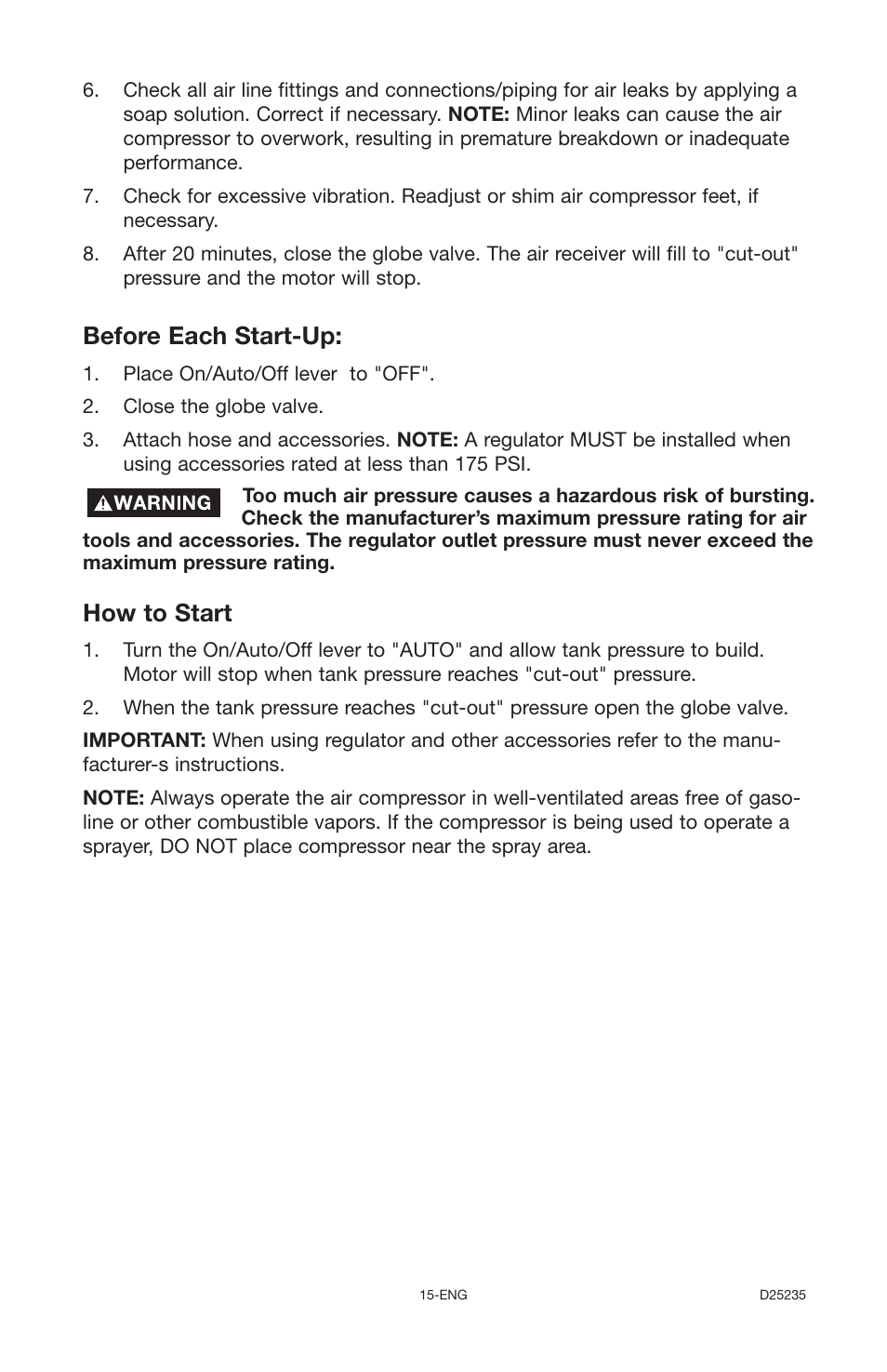 How to start, Before each start-up | Delta OILLUBE AIR COMPRESSOR DLKC6580V2 User Manual | Page 15 / 30