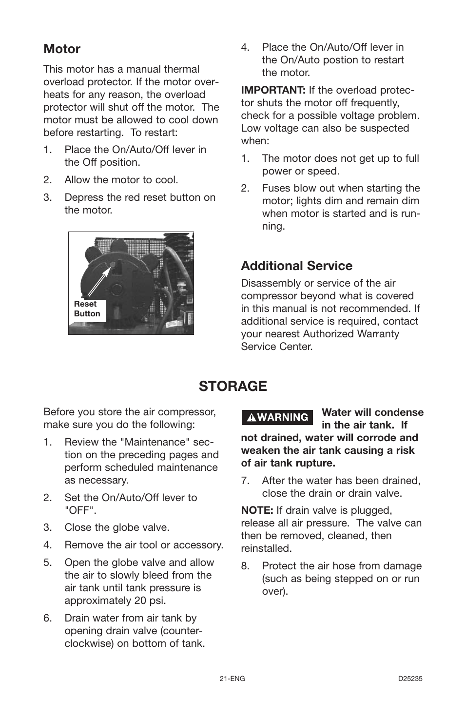 Storage, Motor, Additional service | Delta OILLUBE AIR COMPRESSOR DLKC6580V2 User Manual | Page 21 / 30
