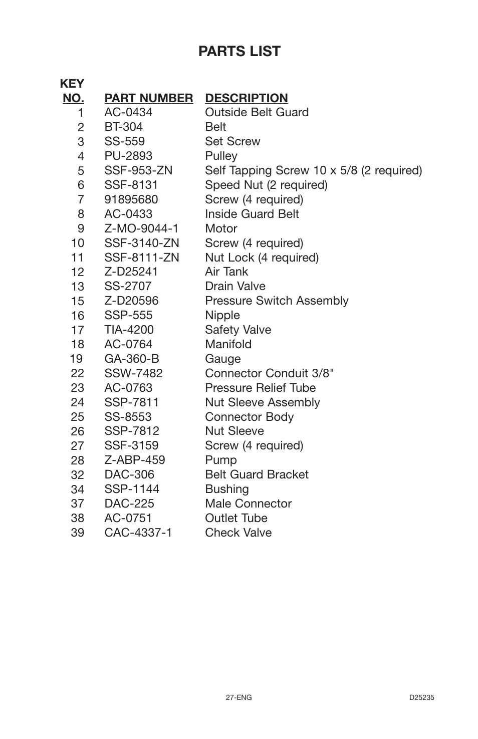 Parts list | Delta OILLUBE AIR COMPRESSOR DLKC6580V2 User Manual | Page 27 / 30