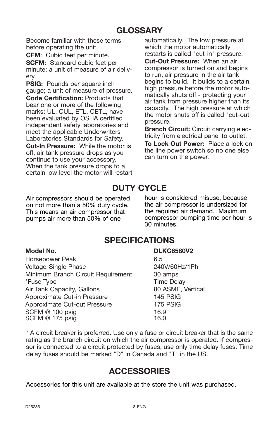 Specifications glossary, Duty cycle, Accessories | Delta OILLUBE AIR COMPRESSOR DLKC6580V2 User Manual | Page 8 / 30