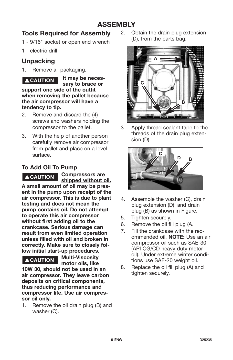 Assembly, Tools required for assembly, Unpacking | Delta OILLUBE AIR COMPRESSOR DLKC6580V2 User Manual | Page 9 / 30