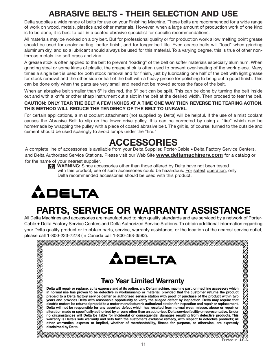 Accessories, Parts, service or warranty assistance, Abrasive belts - their selection and use | Two year limited warranty | Delta 31-552 User Manual | Page 11 / 12