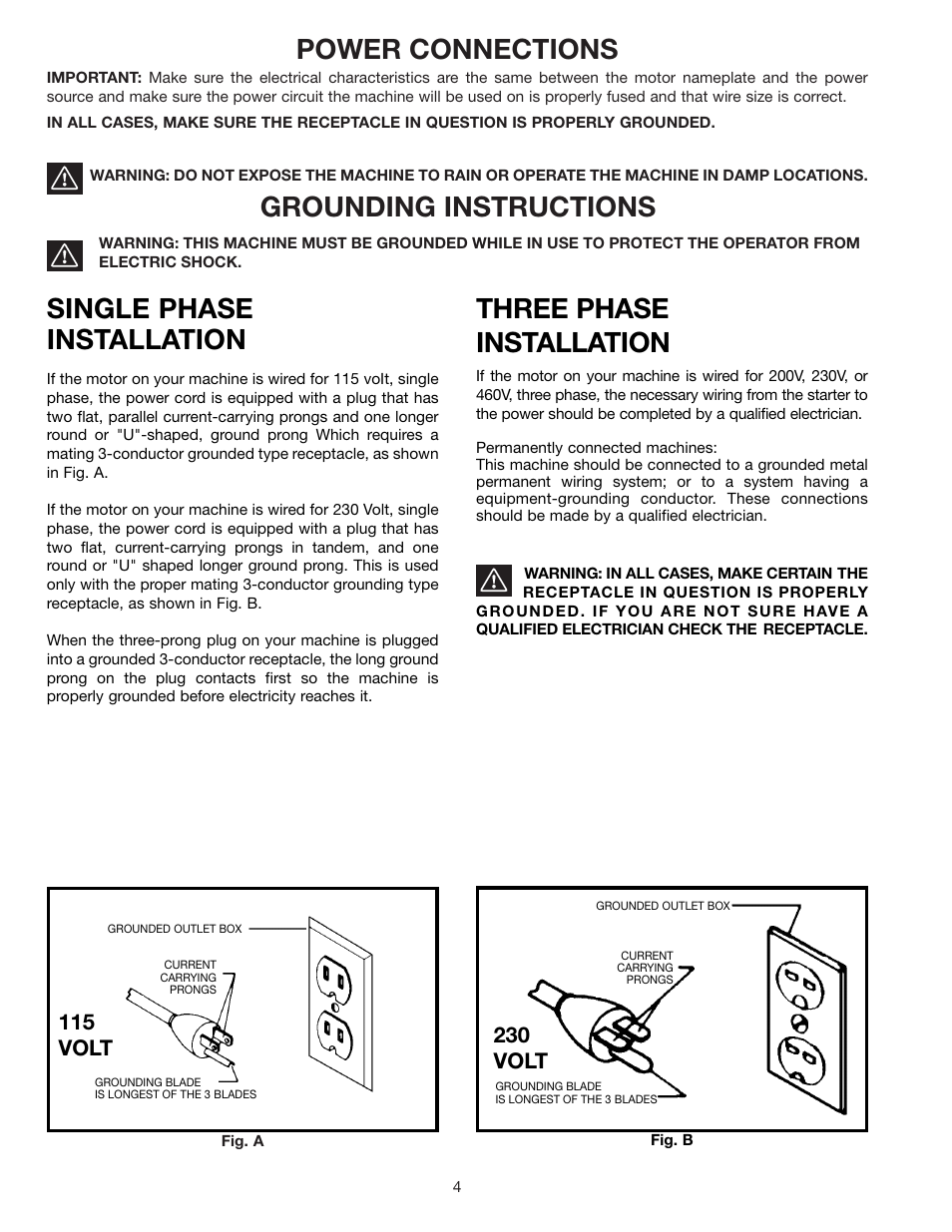 Power connections, Grounding instructions, Three phase installation | Single phase installation | Delta 31-552 User Manual | Page 4 / 12