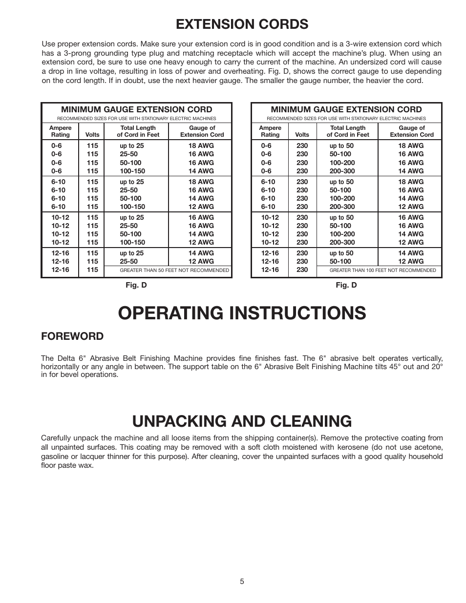 Operating instructions, Unpacking and cleaning, Extension cords | Foreword | Delta 31-552 User Manual | Page 5 / 12
