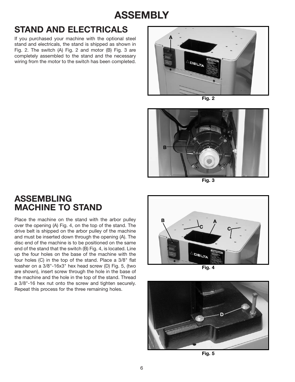 Assembly, Stand and electricals, Assembling machine to stand | Delta 31-552 User Manual | Page 6 / 12
