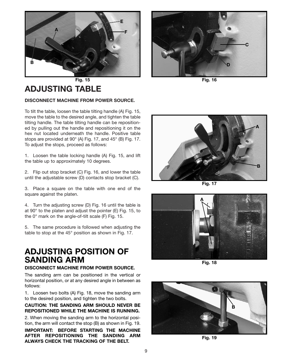 Adjusting table, Adjusting position of sanding arm | Delta 31-552 User Manual | Page 9 / 12