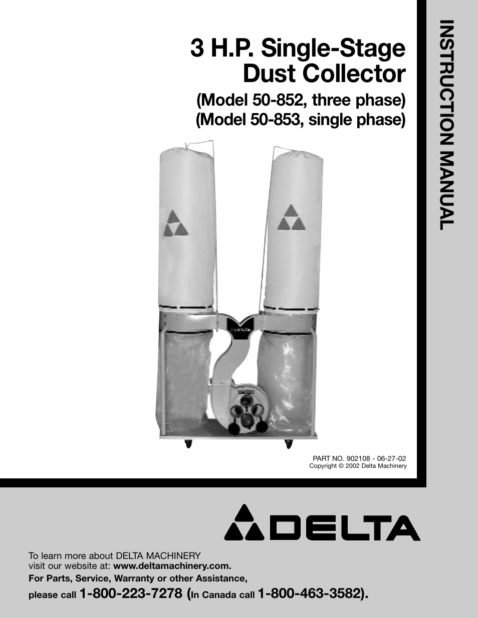 Delta 3 H.P. SINGLE-STAGE DUST COLLECTOR 50-853 User Manual | 16 pages