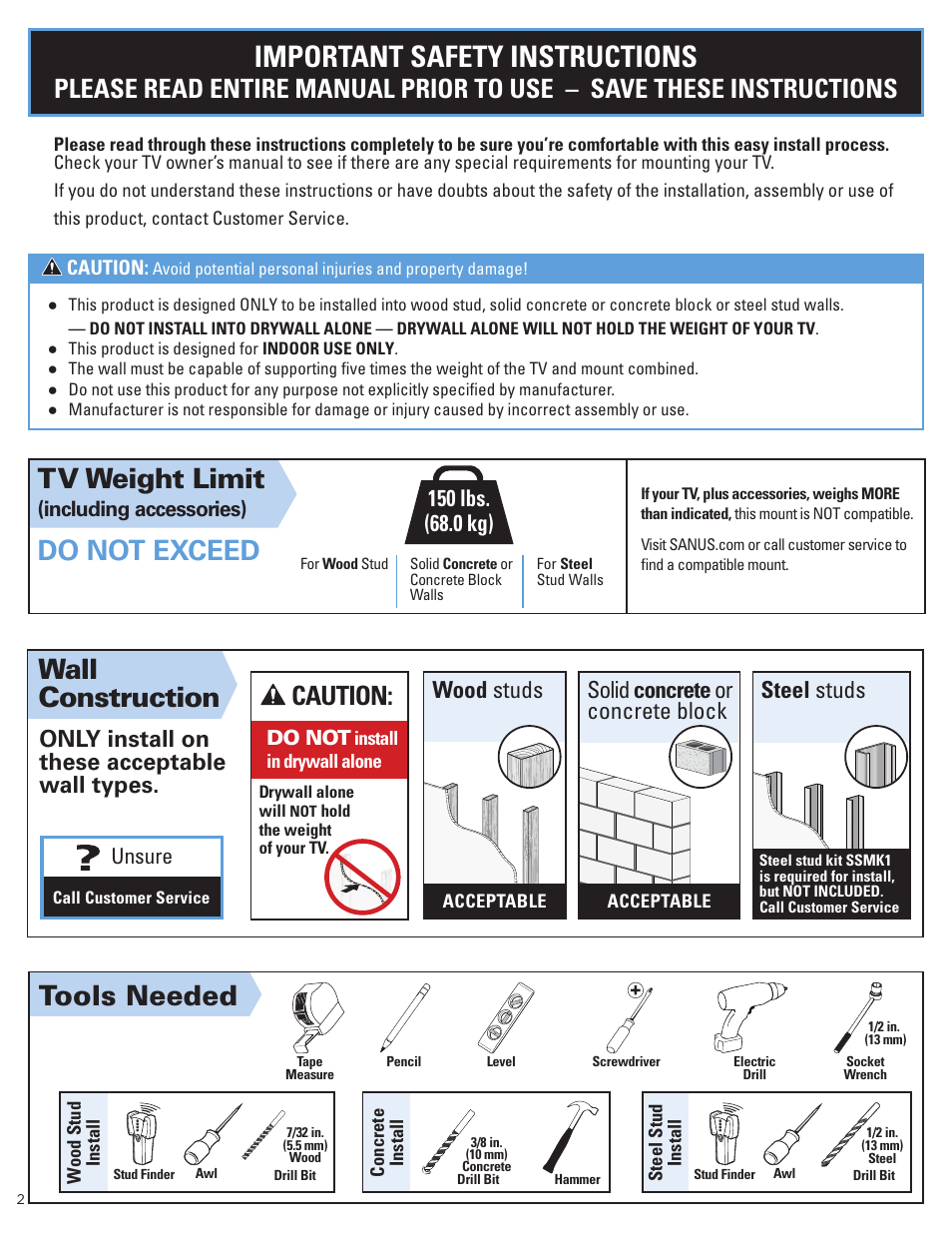 Important safety instructions, Tv weight limit, Do not exceed | Tools needed wall construction, Caution, Only install on these acceptable wall types | Sanus Systems Advanced Tilt 4D Premium TV Wall Mount for 42 to 90" Displays User Manual | Page 2 / 44