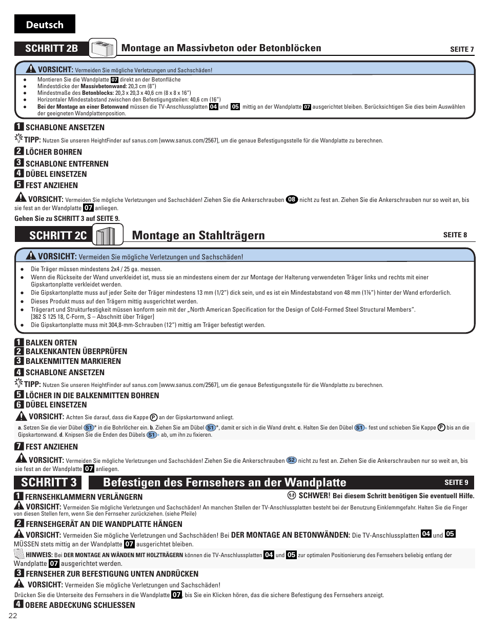 Montage an stahlträgern, Schritt 2c, Deutsch | Vorsicht | Sanus Systems Advanced Tilt 4D Premium TV Wall Mount for 42 to 90" Displays User Manual | Page 22 / 44
