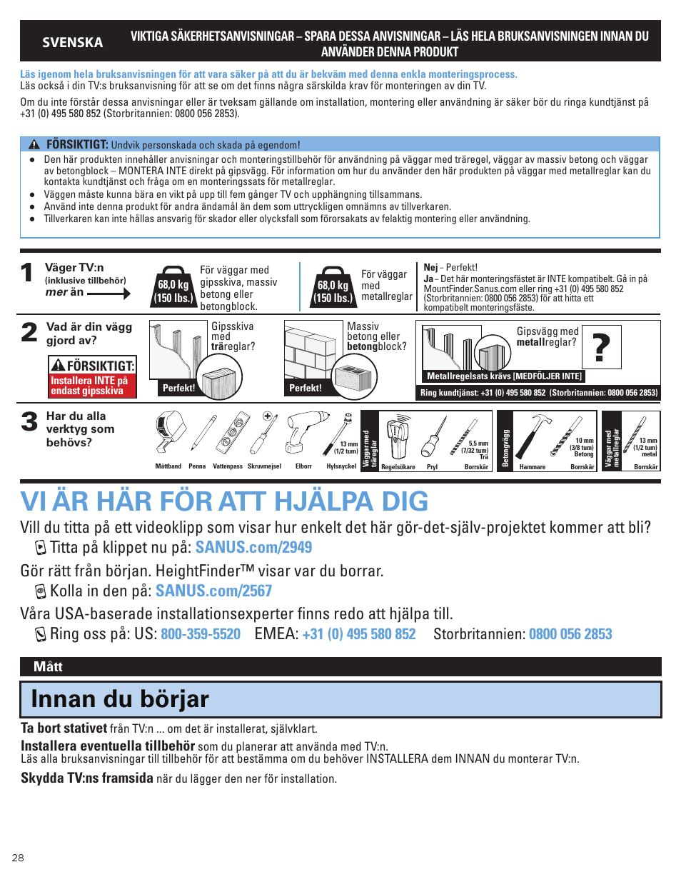 Vi är här för att hjälpa dig, Innan du börjar, Emea | Ta bort stativet, Installera eventuella tillbehör, Skydda tv:ns framsida, Svenska, Mått | Sanus Systems Advanced Tilt 4D Premium TV Wall Mount for 42 to 90" Displays User Manual | Page 28 / 44
