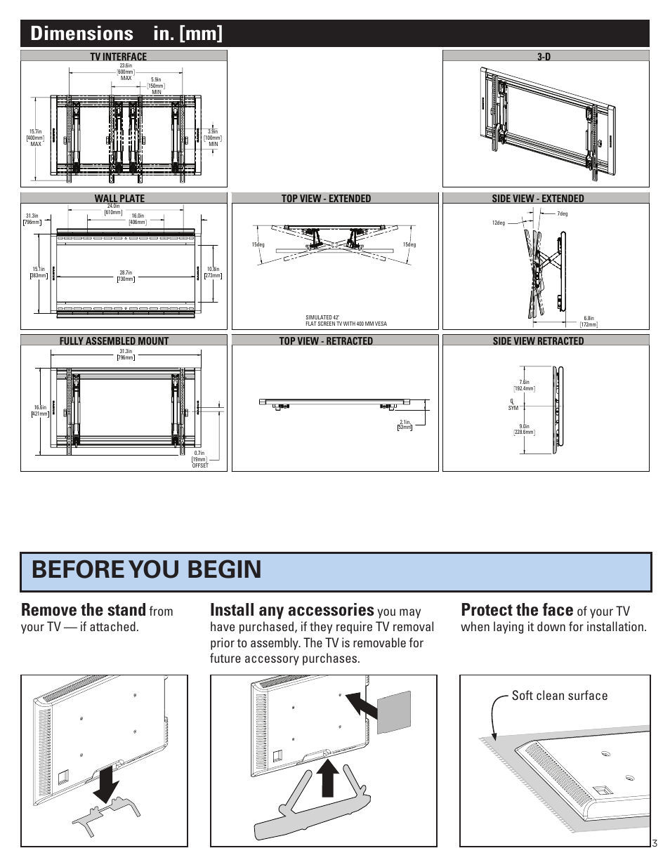 Before you begin, Dimensions in. [mm, Remove the stand | Install any accessories, Protect the face, Of your tv when laying it down for installation | Sanus Systems Advanced Tilt 4D Premium TV Wall Mount for 42 to 90" Displays User Manual | Page 3 / 44