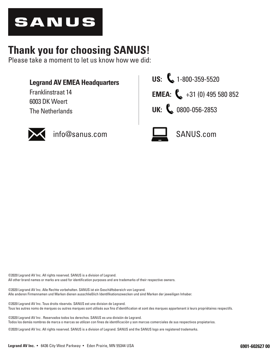 Sanus Systems Advanced Tilt 4D Premium TV Wall Mount for 42 to 90" Displays User Manual | Page 44 / 44