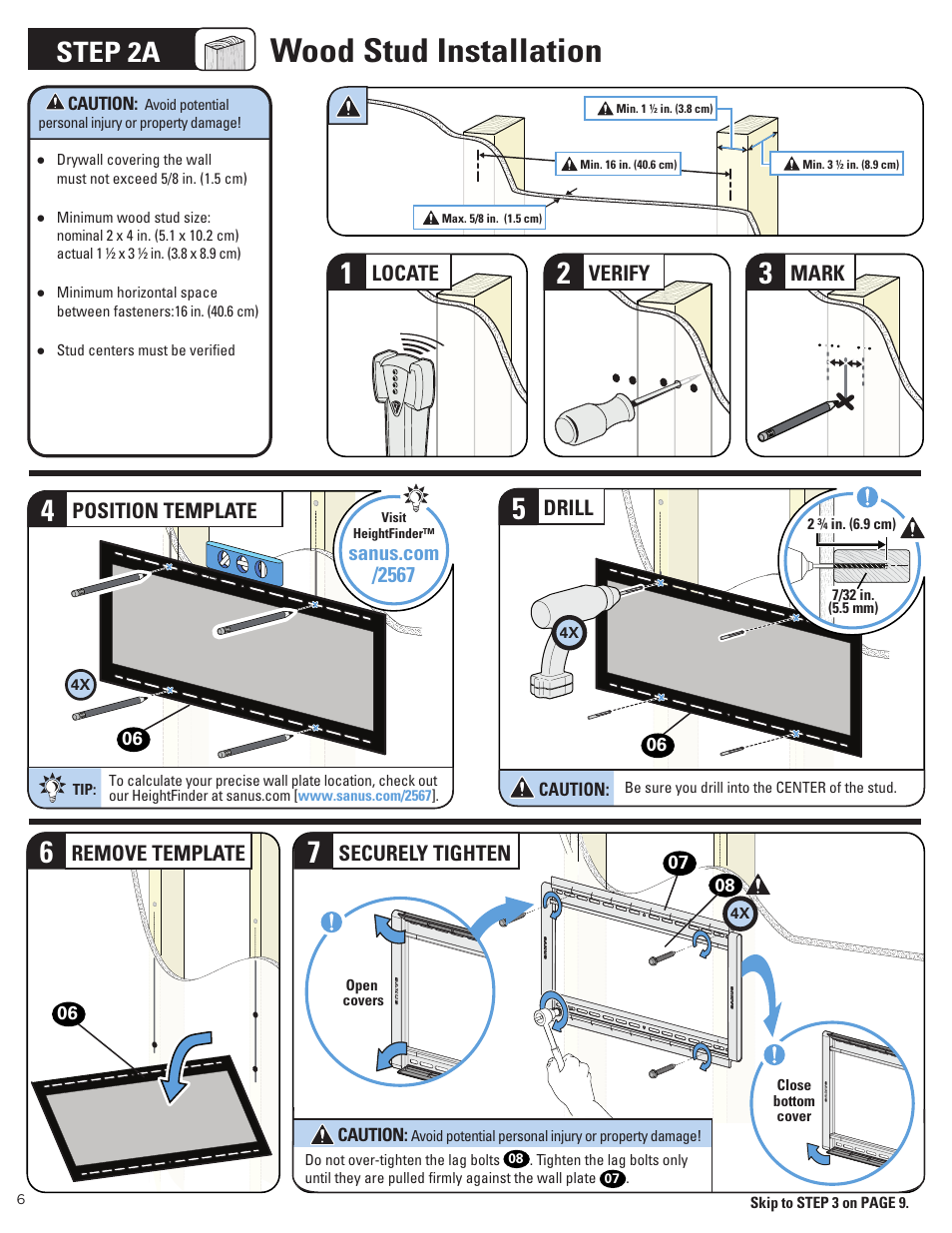 Wood stud installation, Step 2a, Locate | Verify, Mark, Position template, Drill, Remove template, Securely tighten | Sanus Systems Advanced Tilt 4D Premium TV Wall Mount for 42 to 90" Displays User Manual | Page 6 / 44