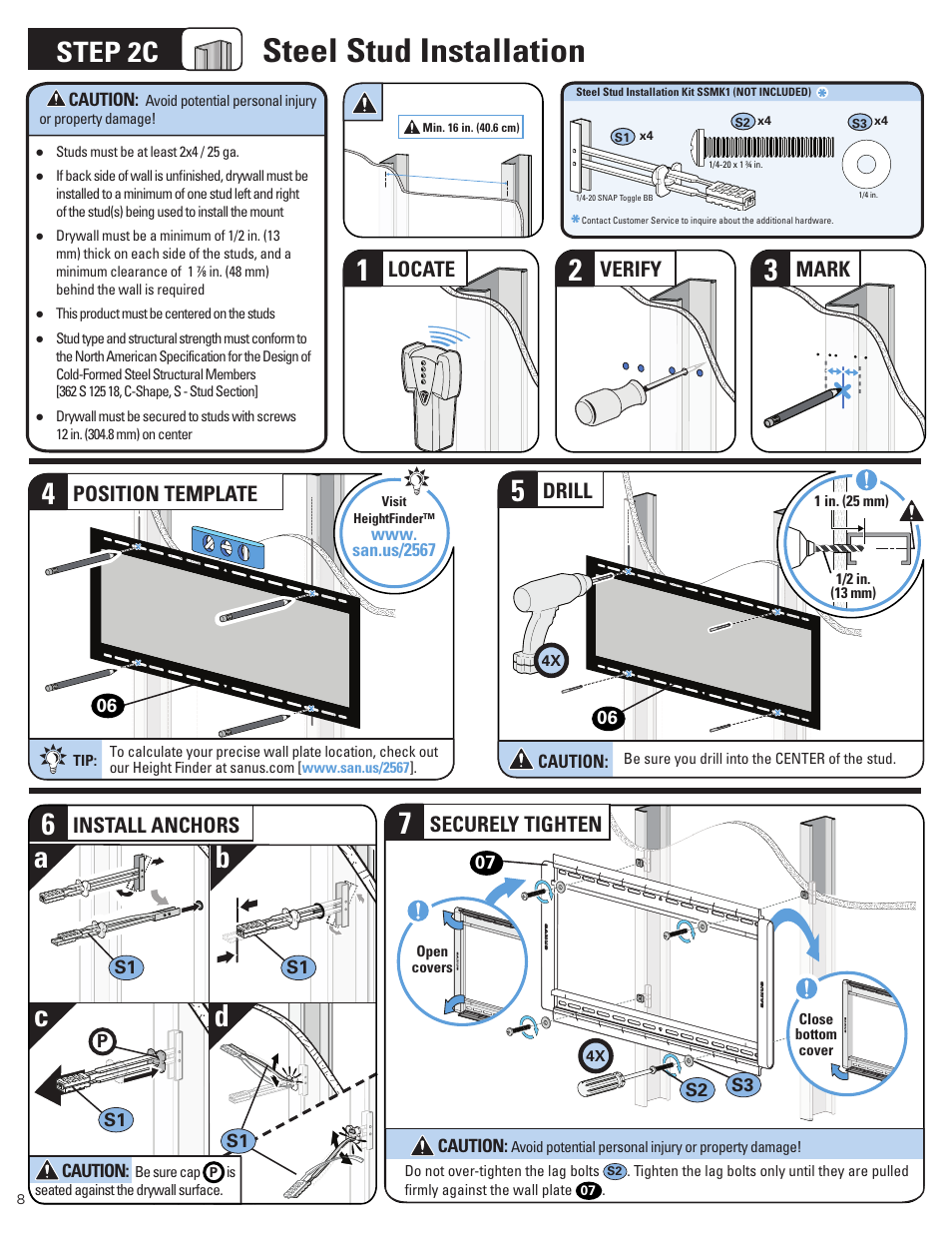 Steel stud installation, Ab c d, Step 2c | Locate, Verify, Mark, Position template, Drill, Install anchors, Securely tighten | Sanus Systems Advanced Tilt 4D Premium TV Wall Mount for 42 to 90" Displays User Manual | Page 8 / 44